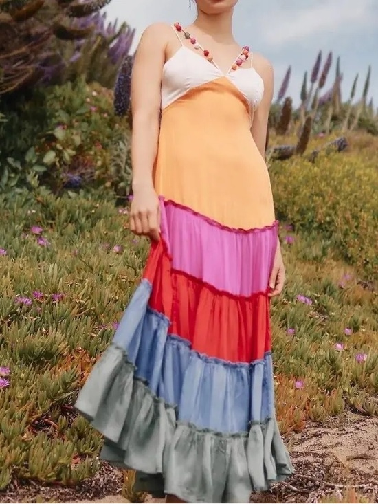 Anthropologie Dresses & Skirts - Anthropologie Multi-Color Tiered Maxi Dress with Pom Strap Detail